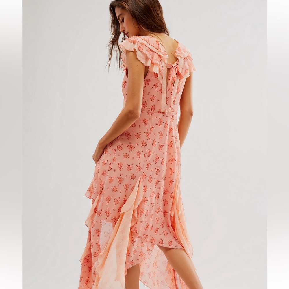 Free People Joaquin Floral Asymmetrical Hem Midi Dress in Peach Combo - Picture 7 of 14